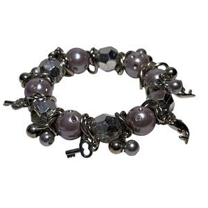 Vtg Charm Bracelet Silver Lavender Beaded Dolphin Starfish Key Accents Stretch